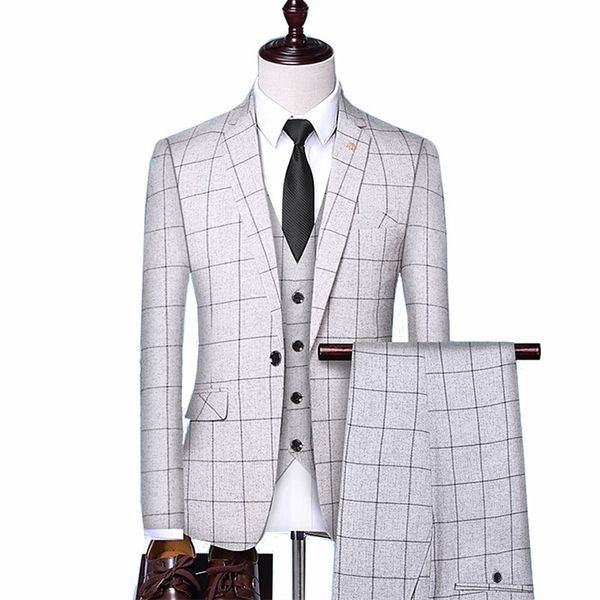 

british style plaid mens vest+blazer+pants fashion design high-end slim wedding banquet business suit 3 piece formal