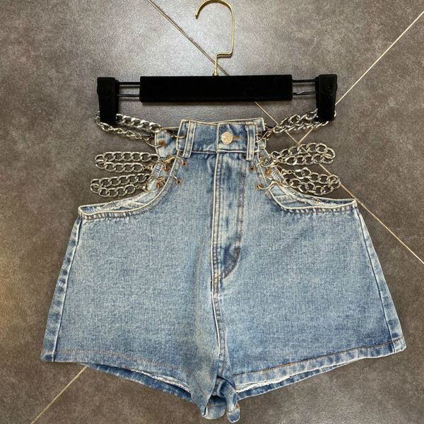 

deat 2020 summer new arrivals fashion streetwear side chain hollow out button high waist denim shorts women se505 1017, Blue