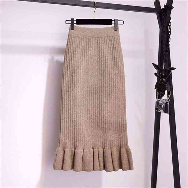 

women elastic waist drawstring skirts knitted medium long skirts spring and autumn midi skirt casual office female, Black