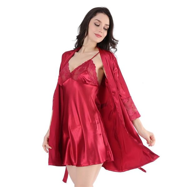 

burgundy wedding robe set lady 2pcs kimono gown sleepwear lace nightwear homewear intimate lingerie casual satin nightgown, Black;red