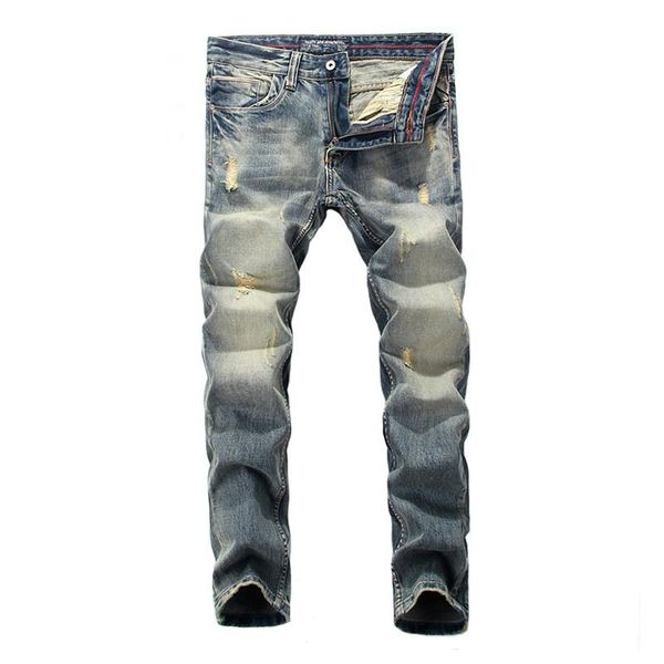

italian vintage style men jeans retro wash slim fit destroyed ripped jeans men hip hop pants fashion streetwear classical, Blue