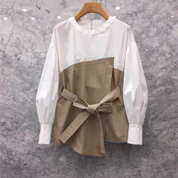 

2021 new south korea autumn new women's personality stitching fake two long-sleeved han fan waist shirt 4pq8, White