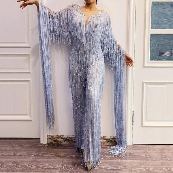 

stage wear silver gray fringe rhinestones jumpsuit party celebrate tassel bodysuit dance leggings women singer dancer outfit dwy2915, Black;red