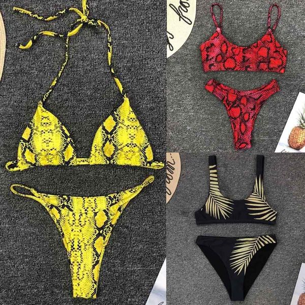 

new high waist bikini set yellow bandeau swimsuit print thong bikini women swimwear two-pieces bather bathing suit y200319, White;black