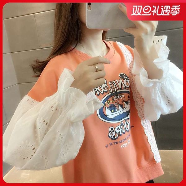 

round neck sweater women's autumn winter 2020 new foreign style lace sleeve loose short korean pullover fashion, Black