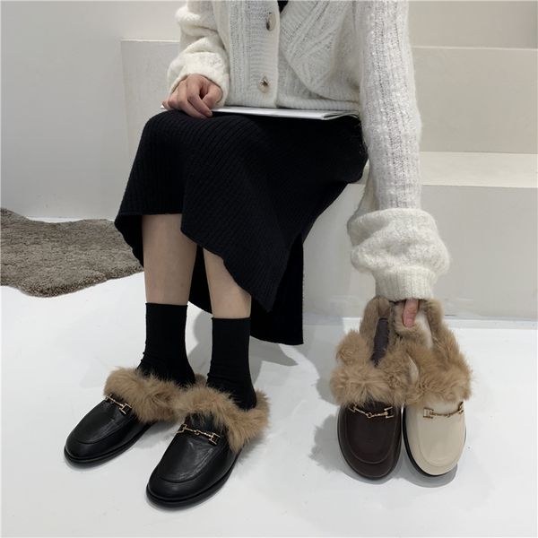 

low shoes ladies' slippers rivet loafers fur flip flops slipers women plush 2020 flat pu rome fabric basic rubber x1020, Black