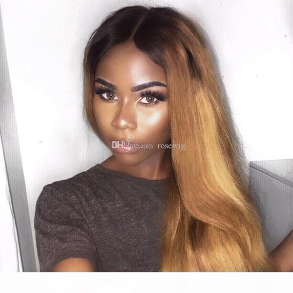 

honey blonde lace front wig glueless full lace wigs human hair ombre wig black roots 1b 27 natural straight brazilian virgin hair, Black;brown