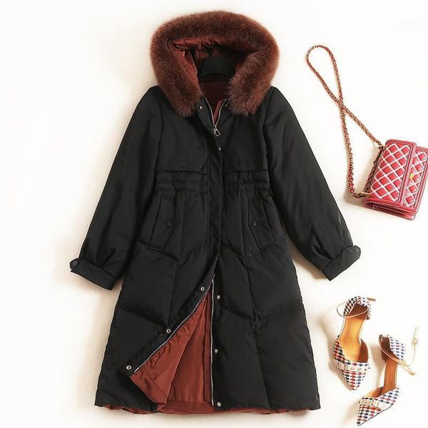 

big real fur collar 2020 winter down jacket women hooded white duck down jacket warm female long slim parka women coat1, Black