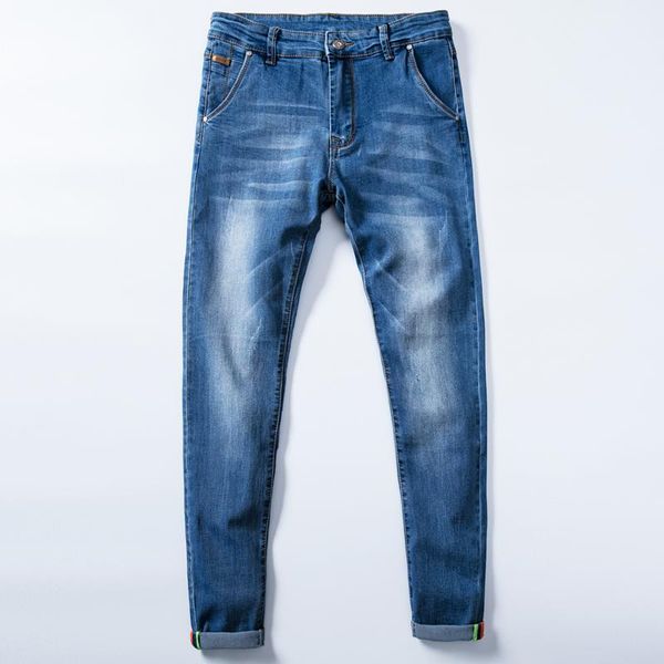 

мужская slim fit denim джинсы мягкие и удобные хлопок стрейч марка одежда молодежная мода брюки синий черный серый хаки зеленый, Blue
