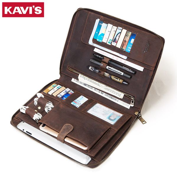 

kavis brand multifunction ipad handbag crazy horse leather men clutch business bag high capacity male vintage card holder bags, Red;black