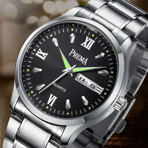 

double calendar sports watch male luminous quartz watch student waterproof steel belt real belt men's watch, Slivery;brown