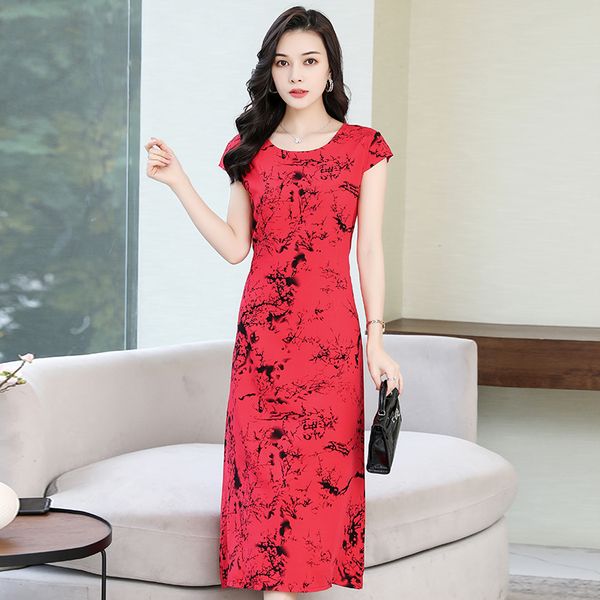 

2021 new women dress vintage floral print short sleeve casual party dresses robe femme summer dresses o-neck straight natural mid-calf oqdo, Black;gray