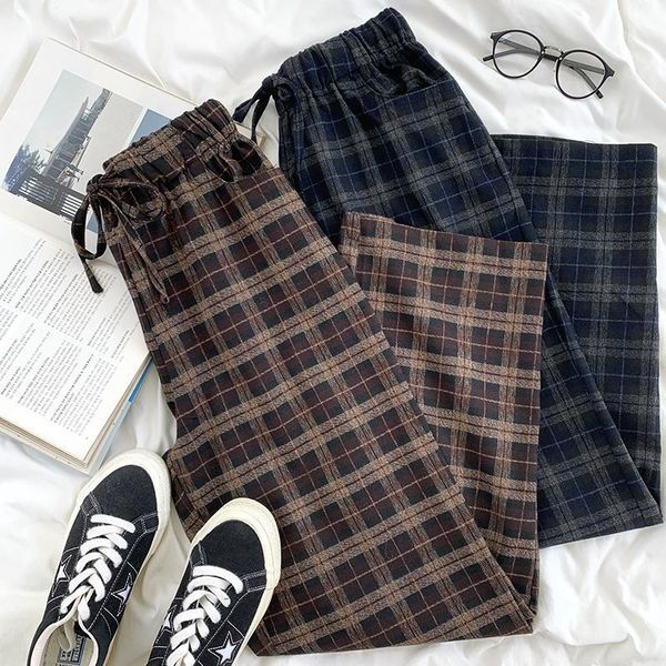 

autumn check long pant women korean style elastic high waist loose casual straight long pant trouser female khaki bottoms1, Black;white