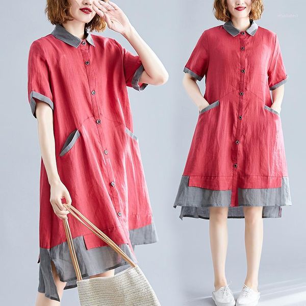 

2020 summer new design fashion cotton and linen long shirt skirt loose short sleeve lapel splice dresses for ladies loose1, Black;gray