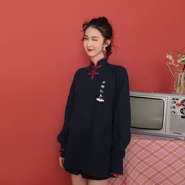 

50sda 2020 summer new women's style national fashion loose fashion ins black stand clothing collarchinese national sweater sweater for