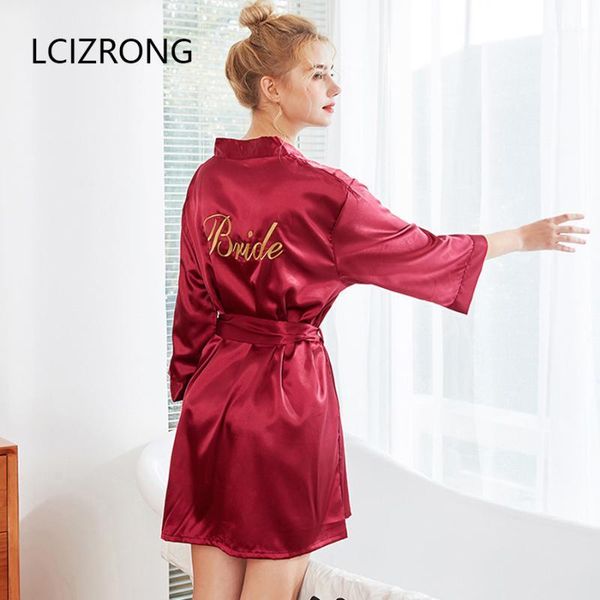 

women's sleepwear summer 3 colors satin robe women embroidery thin mini dressing gown spring soft bridesmaid robes female cardigans bat, Black;red