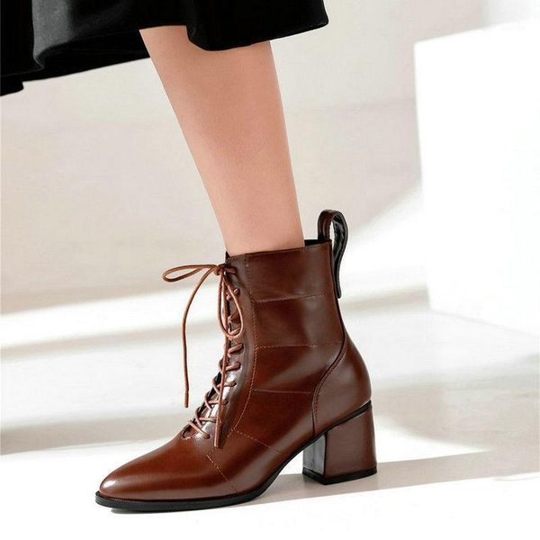 

2021 new lace up women boots office ladies boots woman high heels winter night club pointed toe ankle size 41 42 431, Black