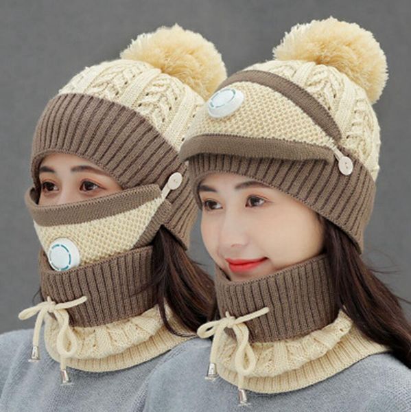 

women winter cap with mask neck cover knitting warm wool beanies hat set collar knitted caps outdoor cycling hats seashipping ljjp783, Blue;gray