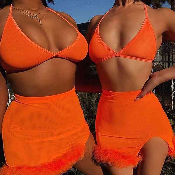 

neon green pink short two piece set crop and skirt suit matching sets summer clothes women ropa mujer, Gray