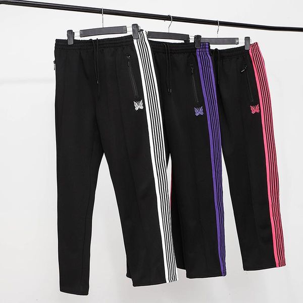 

high street needles sweatpants butterfly embroidery men women casual trousers needles striped zipper pocket pants, Black