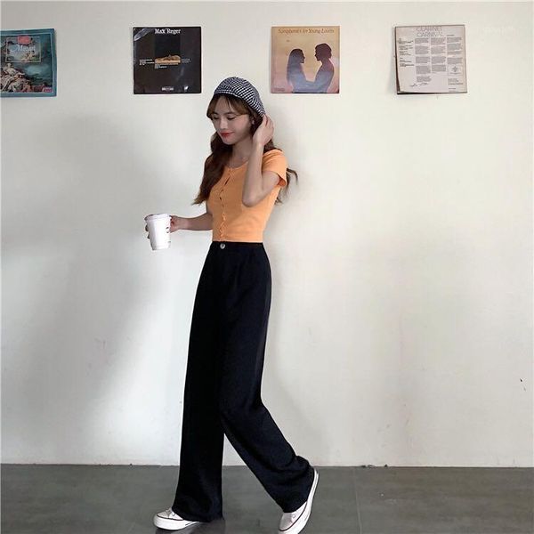 

js1759j-summer trendy one button skinny pants wide leg pants1, Black