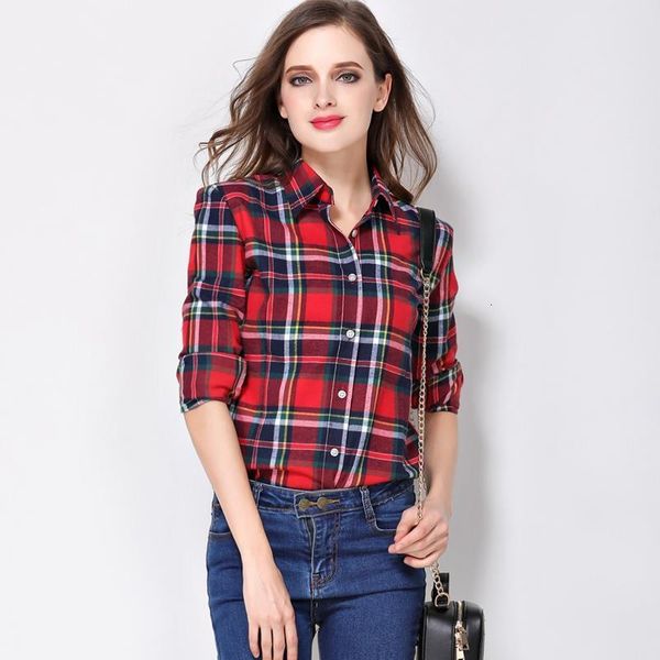 

women shirt blouses plus size 2020 new spring flannel cotton long sleeve plaid shirt casual female loose college style, White