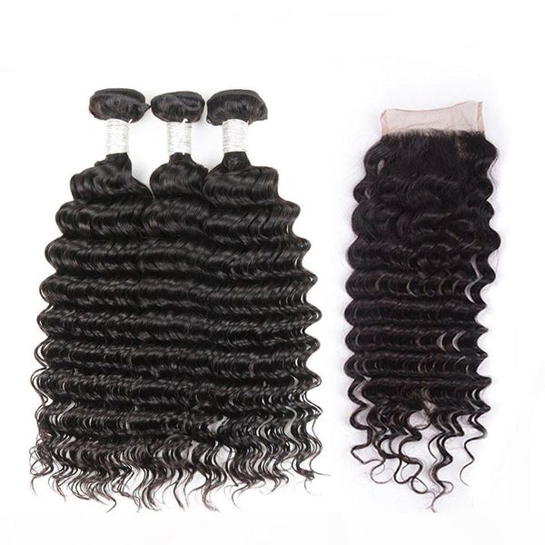 

viya 8a peruvian deep wave 3 bundles with lace closure middle three part 8-20 inch 4pcs lot natural black color, Black;brown