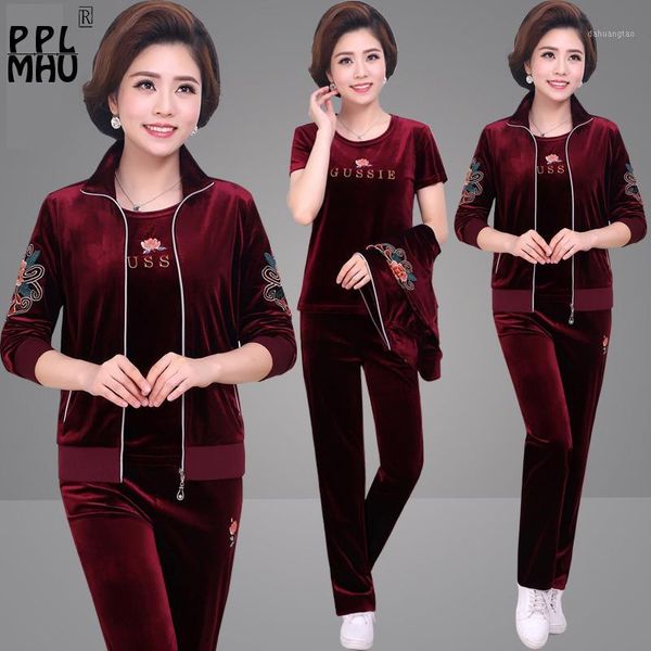 

large size 5xl three piece set women casual mom's velvet tracksuits print t-short coat and pants loose sportswear jogging femme1, White
