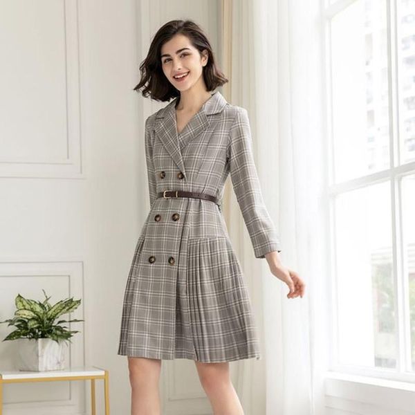 

casual dresses blazer dress women suit jacket long sleeve vintage double breasted pleated midi ladies office work wear elegant, Black;gray