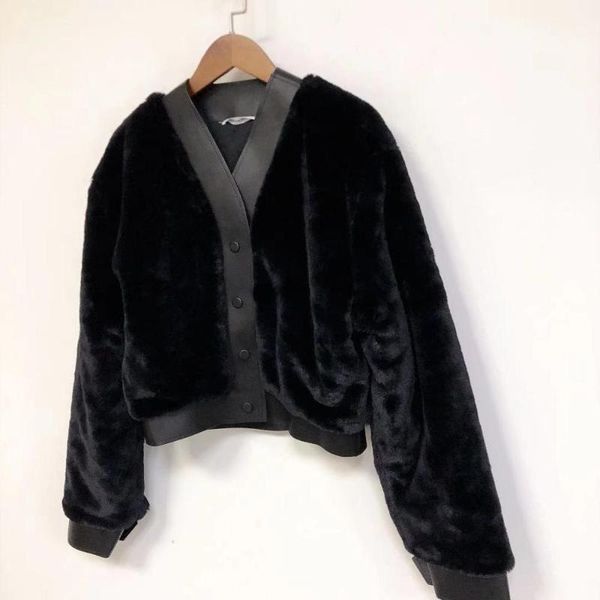 

faux fur coat women black single breasted long sleeve v-neck 2021 ladies short jackets outwear1