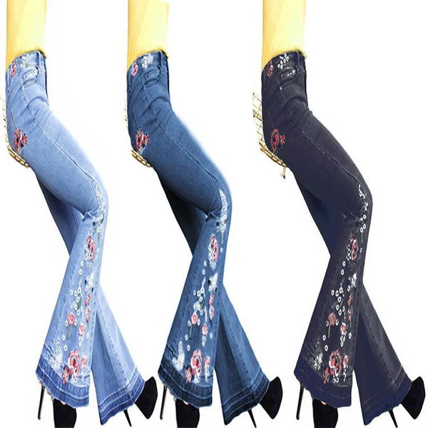 

women denim jeans wide leg embroidered full length jean ladies plus size pants, Blue