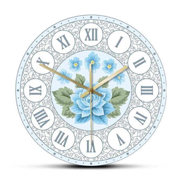 

blue rose flowers vintage roman numerals wall clock quartz movement wall watch for living room home dÃ©cor bedroom art clock