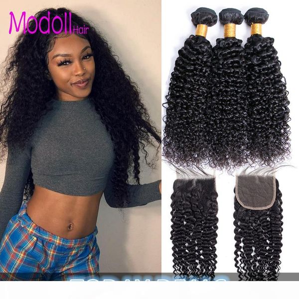

malaysian curly human hair bundles with closure 4*4 lace part human hair weave 3 bundles with closure 4pcs lot human hair bundles, Black;brown