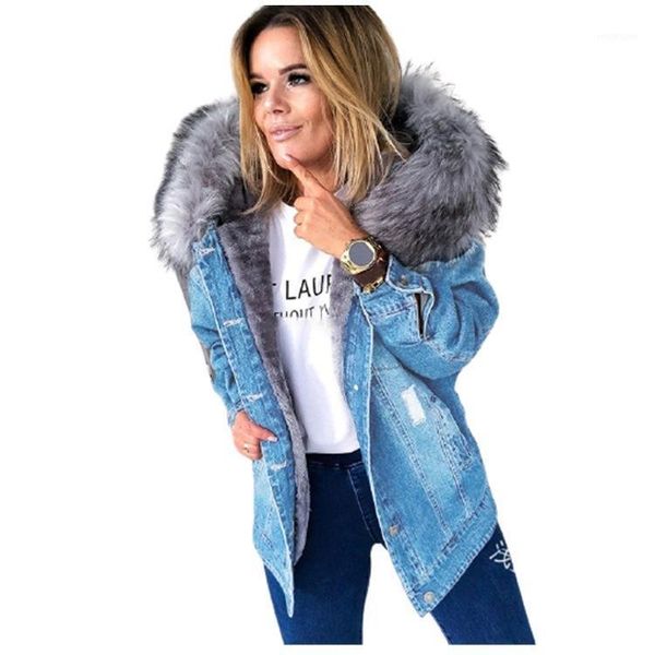 

wepbel women hooded parka retro big fur collar denim coat warm mid-length ripped coat jacket plus size1, Black