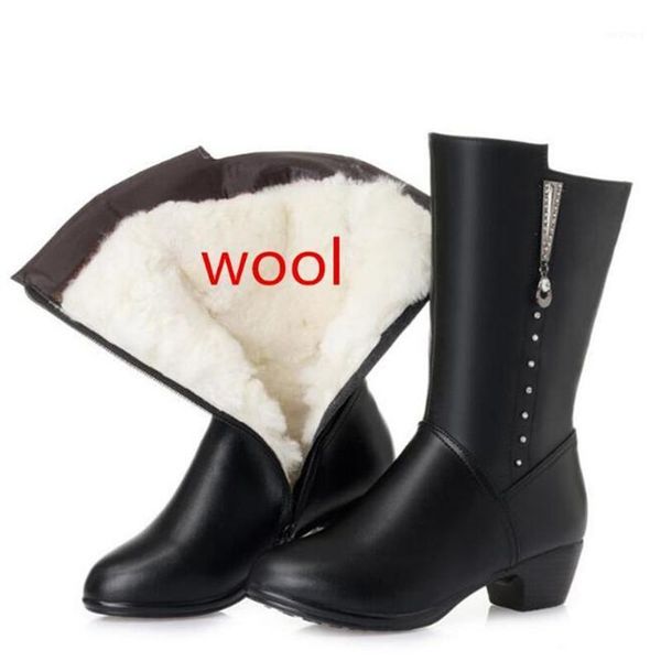 

2020 new plush / wool winter boots women boots thick with high heels rhinestone real leather shoes woman fashion plus size1, Black