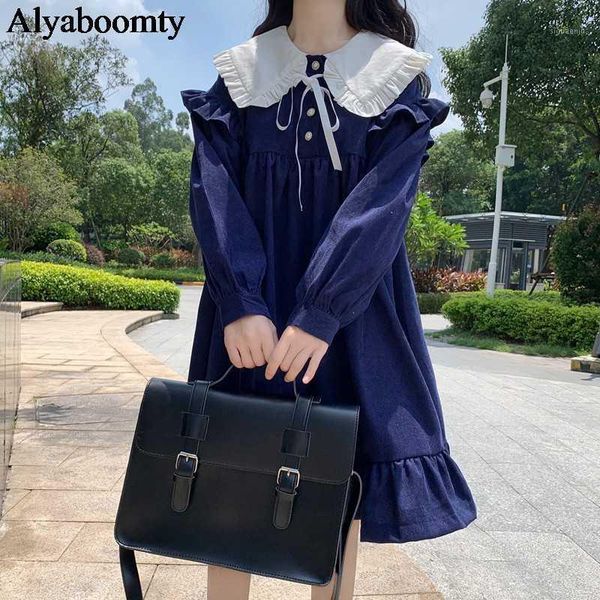 

japanese lolita style autumn women cute dress sailor collar navy blue gray khaki ribbon dress baggy corduroy puff sleeve1, Black;gray