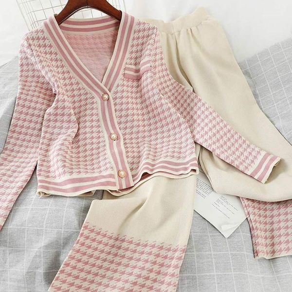 

women's tracksuits woman knitted plaid cardigan v-neck long sleeve sweater coat + wide leg pants suit 2 piece sets womens outfits winte, Gray