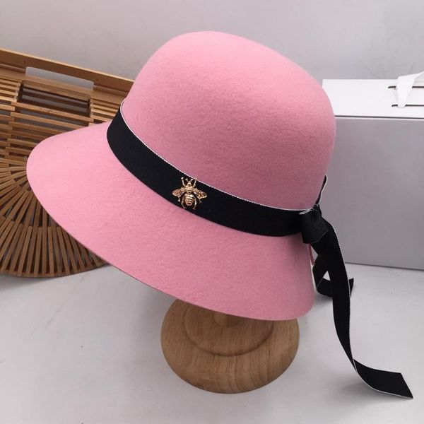 

wide brim hats fisherman hat female han edition joker sweet wool hat basin show face little pink bowknot elegant, Blue;gray