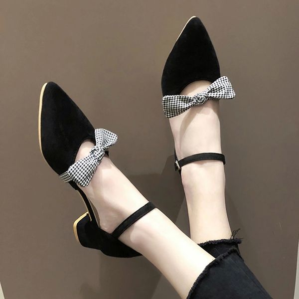

2020 summer women sandals ankle strap dress shose plaid butterfly knot high heels pointed toe pumps sandalias mujer black 8016n #yu63