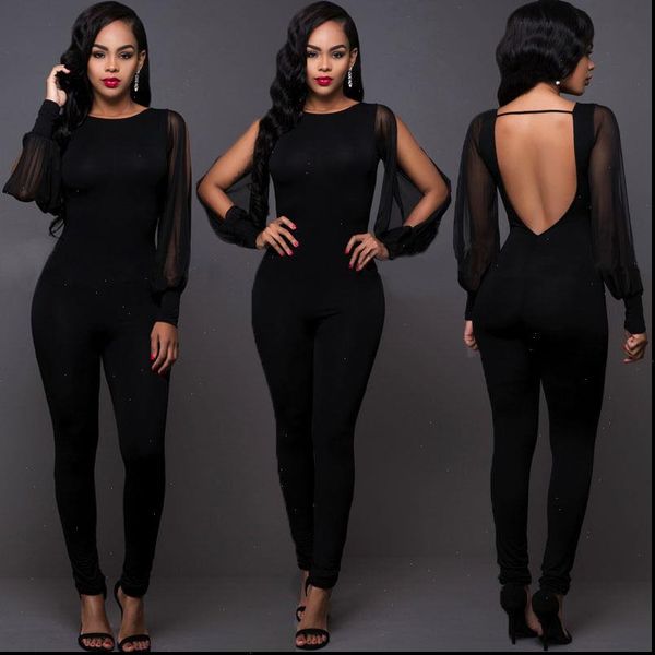 

new women summer mesh patchwork long sleeve backless clubwear playsuit jumpsuit amp romper stylish women skinny jumpsuits, Black;white
