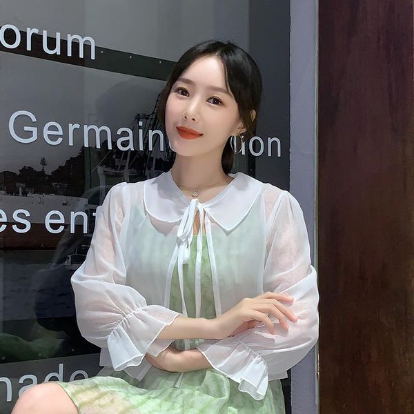 

summer fashion women shawl long sleeves sheer blouse young lady, White