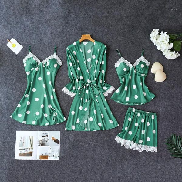 

women's robe & gown sets lace bathrobe + night 4 four pieces sleepwear womens sleep set faux silk robe femme lingerie1, Black;red