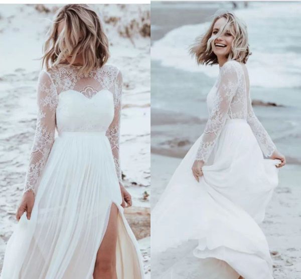 

2022 beach wedding dresses bridal gown custom made plus size chiffon lace long sleeves side slit backless jewel neck sweep train ruched plea, White