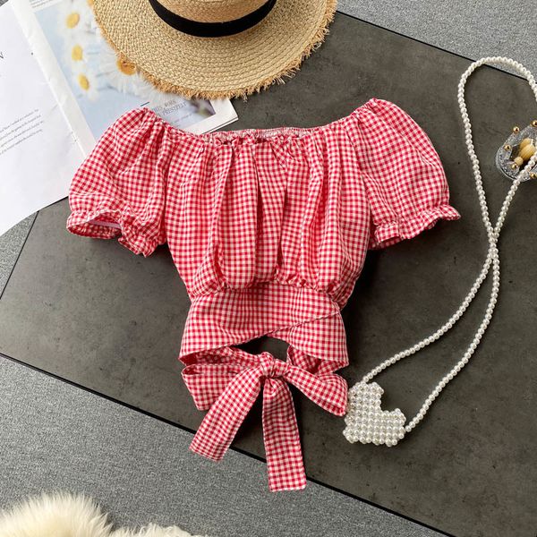 

2021 new singiny female chess blouse summer puff slash neck bow cord thin blouses fashion streetwear vintage i9g4, White