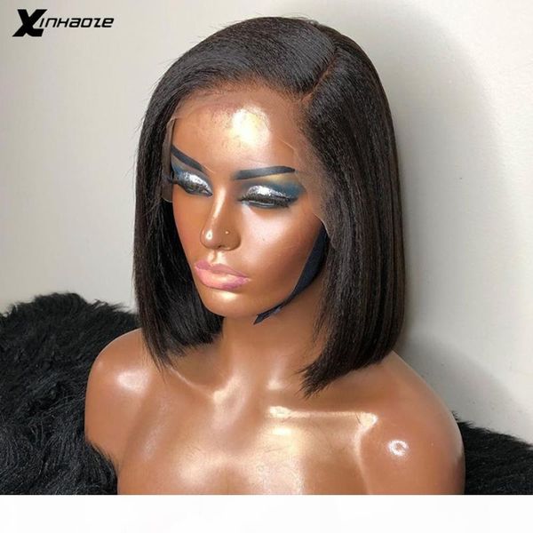 

13x4 lace front wig remy hair side part light yaki straight short bob wig lace front human hair wigs for black women, Black;brown