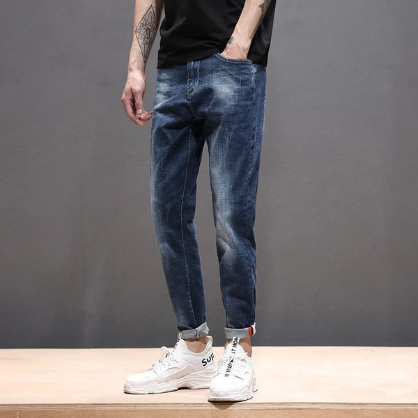 

ba poet embroidered men's micro ha small loose classic korean jeans, Blue