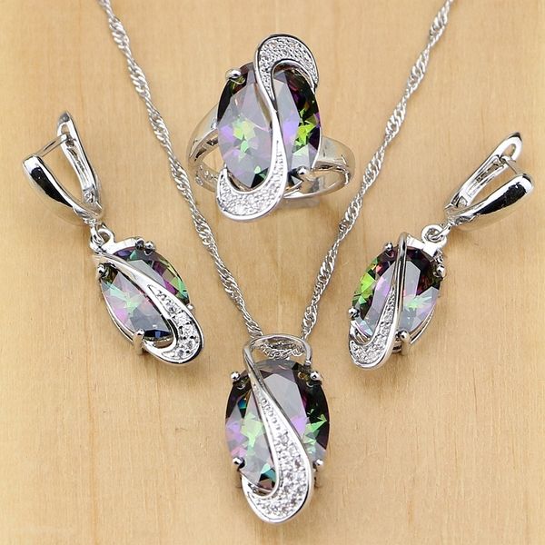 

natural mystic rainbow cubic zirconia 925 silver jewelry set for women wedding earrings/pendant/necklace/rings 200923