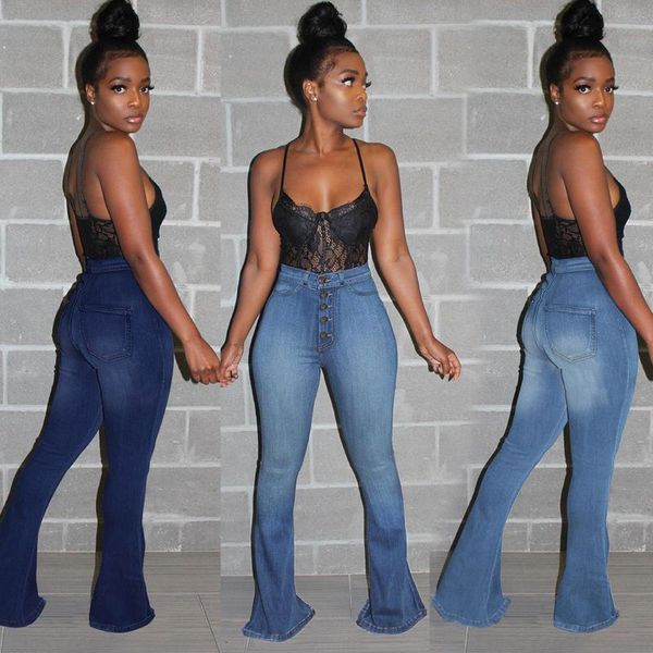 

womens autumn casual street high waist zip up button pocket skinny pants lightweight ladies long flared jeans, Blue