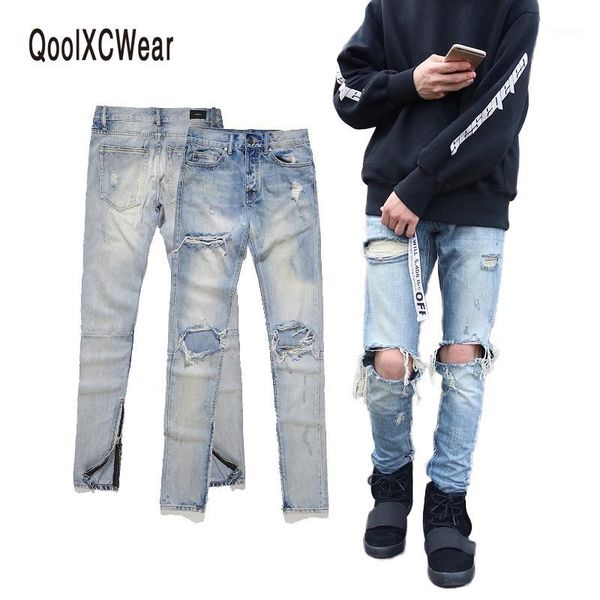 

qoolxcwear new high uality street mens destroyed jeans hole casual pants cool green jeans damage rock hip hop1, Blue
