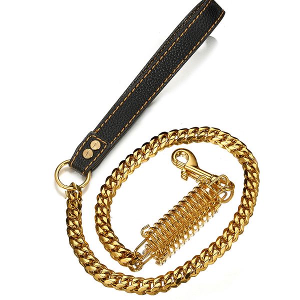

15mm dog leash dog training rope black leather handle golden stainless steel titanium steel cuban chain new